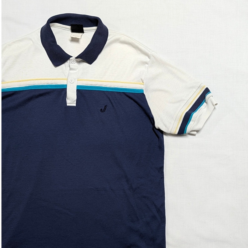 Vintage Jantzen Men's Large Polo Shirt Navy White Striped Colorblock Made in USA